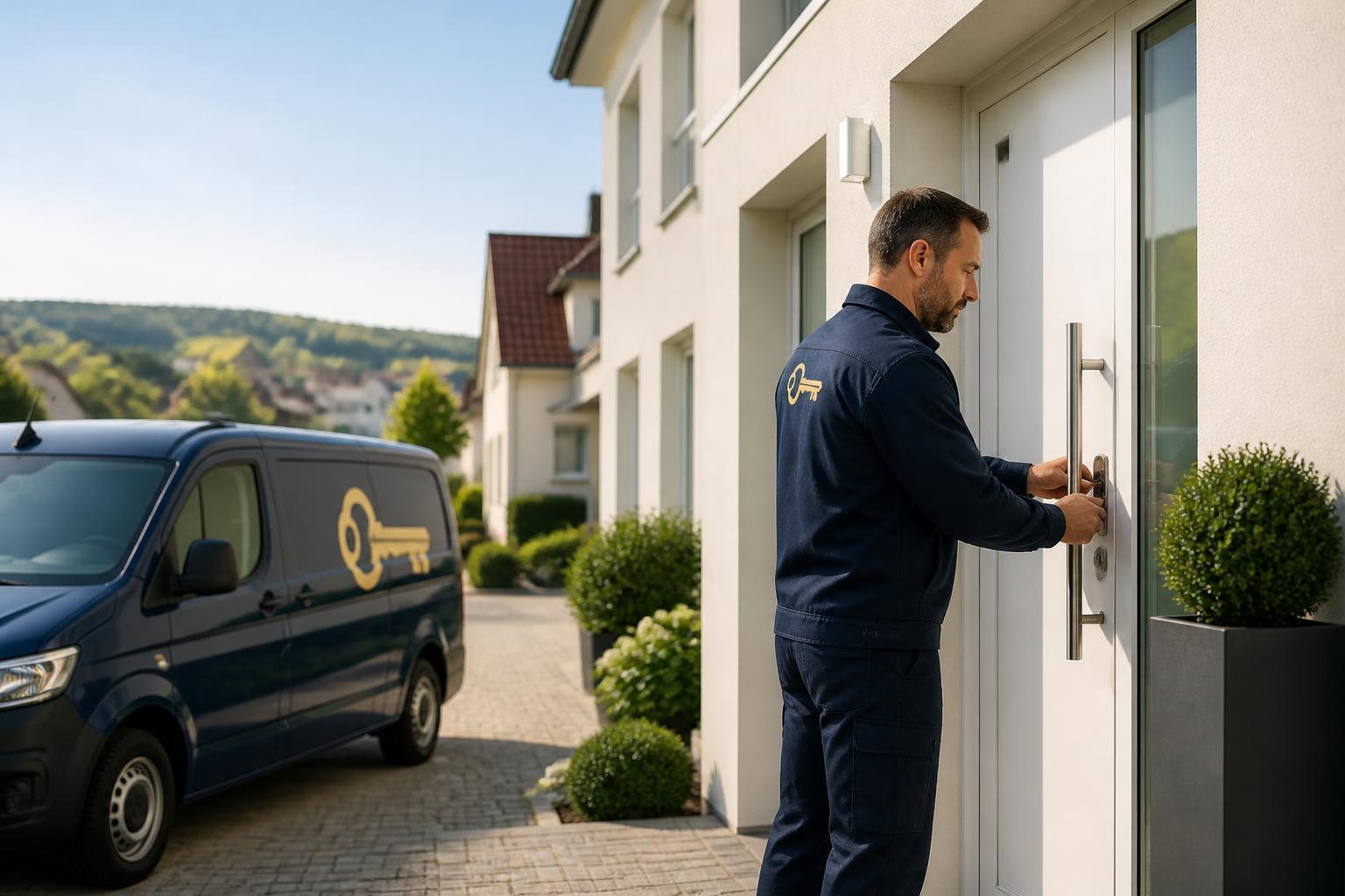 Schlüsseldienst-Monteur des ABA Türöffnungsengel vor einem modernen Wohnhaus in Bad Rappenau
