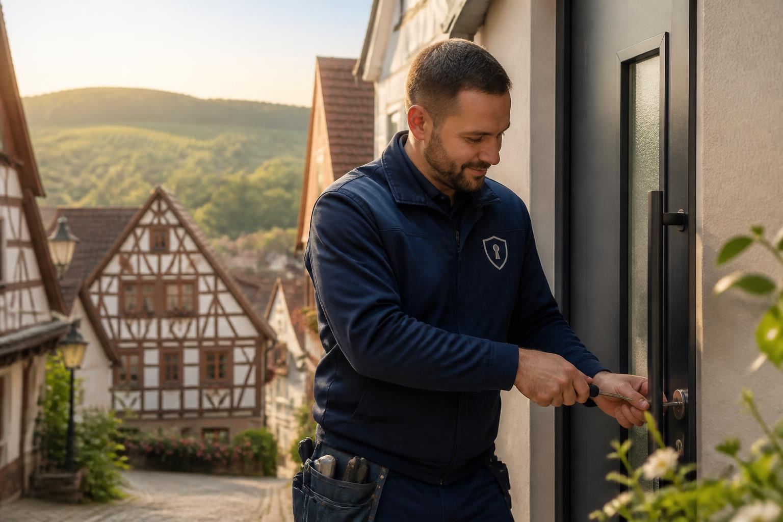 Schlüsseldienst-Monteur des ABA Türöffnungsengel vor einem Fachwerkhaus in der historischen Altstadt von Bretten mit Blick auf den Kraichgau