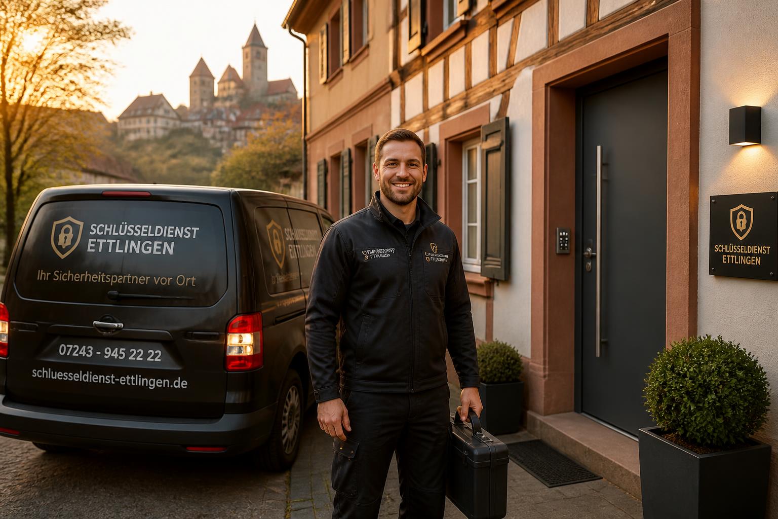 Schlüsseldienst-Monteur des ABA Türöffnungsengel vor einem Fachwerkhaus in der historischen Altstadt von Ettlingen mit Blick auf Schloss Ettlingen und das Albtal